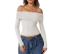 Womens Off The Shoulder Tops Double Lined Long Sleeve T Shirts Slim Fitted Stretchy Crop Top(White,S)
