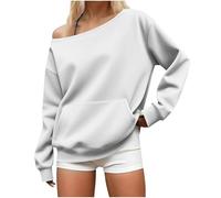 Womens Off the Shoulder Tops Solid Color Comfy ELegant Oversized Sweatshirt Ladies Drop Shoulder Jumpers Classic Trendy Long Sleeve Pullover Tops with Front Pocket