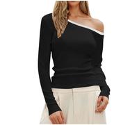 Womens Off The Shoulder Tops Tight Fitted One Shoulder Crop Tees Slim Long Sleeve Plain Basic T-Shirts Dressy Tunic Blouses Going Out Tops Trendy Y2k Streetwear Outfits