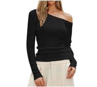 Womens Off The Shoulder Tops Tight Fitted One Shoulder Crop Tees Slim Long Sleeve Plain Basic T-Shirts Dressy Tunic Blouses Going Out Tops Trendy Y2k Streetwear Outfits