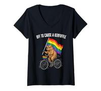 Women's Off to Cause A Kerfuffle Capybara Gay Flag LGBTQ Pride Month V-Neck T-Shirt