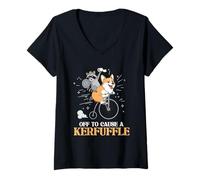 Womens Off to Cause a Kerfuffle Funny Animal Corgi Dog Raccoon Meme V-Neck T-Shirt