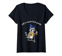 Women's Off to Teach First Grade Raccoon Wizard Design V-Neck T-Shirt