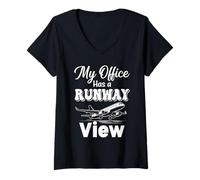 Women's Office Has A Runway Aviation Aviator Aircraft Plane Spotting V-Neck T-Shirt