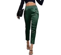 Women's Office Style Satin Pants High Waist Satin Suit Pants Basic Skinny Fit Full Length for Professional Wear Blackish Green