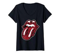 Women's Official Rolling Stones Leopard Tongue V-Neck T-Shirt, Black, Large
