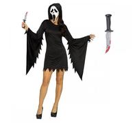 Womens Official Scream/Ghost Face® Glamour Costume + Black Gloves & Horror Knife or Bling Blade : Adult Scary Film Halloween fancy Dress (Costume + Bling Knife, S/M : (Approx.UK: 10-12))