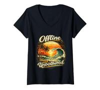 Women's Offline and Unbothered Funny Retro Tropical Beach V-Neck T-Shirt