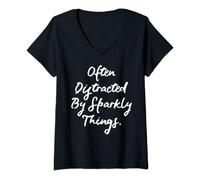 Womens Often Distracted by Sparkly Things ADHD Funny Gift V-Neck T-Shirt