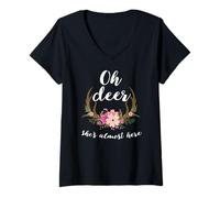 Womens Oh Deer She's Almost Here-Baby Shower V-Neck T-Shirt