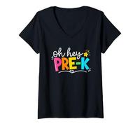 Women's Oh Hey Pre-K Colorful Back to School First Day of School V-Neck T-Shirt
