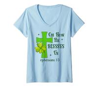 Women's Oh How He Blesses Us Ephesian1:3 Bible Christian St Patricks V-Neck T-Shirt