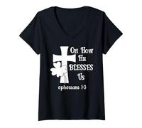 Women's Oh How He Blesses Us Sign Ephesian 1:3 Christian St Patricks V-Neck T-Shirt