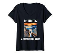 Womens Oh No It's A New School Year Cat With Surprised Face Humor V-Neck T-Shirt