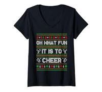 Womens Oh What Fun It is to Cheer Ugly Christmas PJs Cheerleading V-Neck T-Shirt