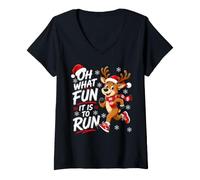 Women's Oh What Fun It is to Run Christmas Reindeer V-Neck T-Shirt