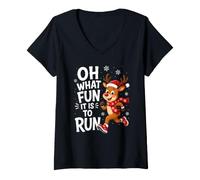 Women's Oh What Fun It is to Run Reindeer Christmas Fun V-Neck T-Shirt