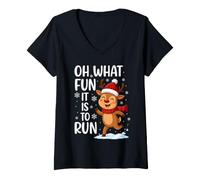 Women's Oh What Fun It is to Run Reindeer Christmas V-Neck T-Shirt