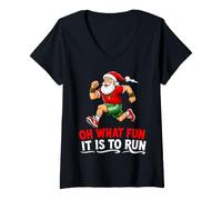 Women's Oh What Fun It is to Run Santa Christmas V-Neck T-Shirt