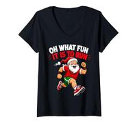 Women's Oh What Fun It is to Run Santa Christmas V-Neck T-Shirt