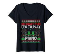 Womens Oh What Fun It's to Play Piano Ugly Christmas Sweaters Xmas V-Neck T-Shirt