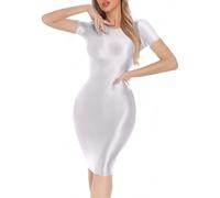 Women's Oil Shiny Glossy Dress, Short Sleeve Stretchy Bodycon Midi Uniform Dress, Smooth Sheer Silky Micro Tight Pencil Dresses, Solid Crew Mesh Mini Dresses Wrap for Club Party Stage Work Office