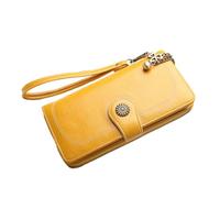 Women's Oil Wax PU Leather Tri-Fold Zipper Wallet Long Purse Fashion | Yellow Tone, Multi-Function Storage, Multi-Card Slots, Hand-Held Clutch, Compact Phone Bag for Lady Design