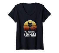 Womens Ok But First Coffee Retro Sunset Moody Black Cat V-Neck T-Shirt