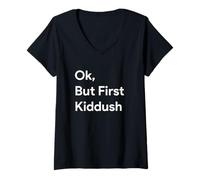 Womens Ok But First Kiddush Shabbat Shalom Challah Synagogue Temple V-Neck T-Shirt