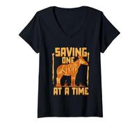 Womens Okapi Animal Saving One Stripe at A time V-Neck T-Shirt