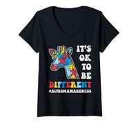 Women's Okay Different Giraffe Puzzle Piece Support Autism Awareness V-Neck T-Shirt