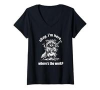 Women's Okay I'm Here Where's The Work Funny Raccoon V-Neck T-Shirt