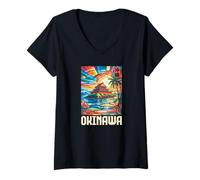 Womens Okinawa Island Castle Japan Kanji Anime Otaku Souvenir V-Neck T-Shirt