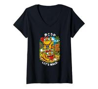 Women's Okinawa Japanese Shisa Beach Path Kawaii Kanji Souvenir V-Neck T-Shirt