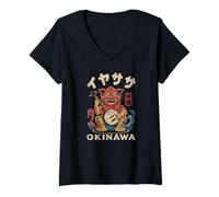 Womens Okinawa Shisa Lion Dog Iyasasa Japan Culture Art Souvenir V-Neck T-Shirt