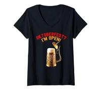 Womens Oktoberfest? I'm Open Old Beer Mug Funny Oktoberfest Costume V-Neck T-Shirt