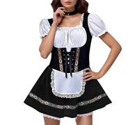 Women's Oktoberfest Maid Costume Short Puff Sleeve Mini Dirndl Dress | with Decorative Apron Tied Waist Classic Bavarian Beer Maiden Outfit German Fancy Dress Carnival Halloween Wear