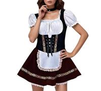 Women's Oktoberfest Maid Costume Short Puff Sleeve Mini Dirndl Dress | with Decorative Apron Tied Waist Classic Bavarian Beer Maiden Outfit German Fancy Dress Carnival Halloween Wear