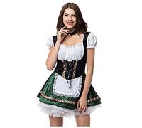 Women's Oktoberfest Maid Costume Short Puff Sleeve Mini Dirndl Dress | with Decorative Apron Tied Waist Classic Bavarian Beer Maiden Outfit German Fancy Dress Carnival Halloween Wear