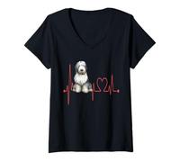 Womens Old English Sheepdog Dog Heartbeat EKG Funny Pets Owner V-Neck T-Shirt