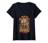 Women's Old Lady First Mistake Biker Woman Humor for Grandma V-Neck T-Shirt