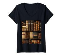 Women's Old Leather-Bound Books Cozy Library V-Neck T-Shirt