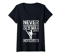Women's Old Man with A Chainsaw Tree Climber Logger Lumberjack V-Neck T-Shirt