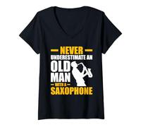 Women's Old Man with a Saxophone Player V-Neck T-Shirt
