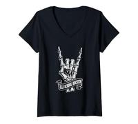 Women's Old School Rocker Skeleton Hand Rock Horns Design V-Neck T-Shirt