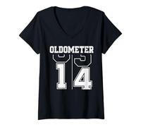 Women's Oldometer 13-14 14th Birthday Sport Text 14 Year Old V-Neck T-Shirt