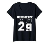 Women's Oldometer 28-29 29th Birthday Sport Text 29 Year Old V-Neck T-Shirt