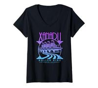 Womens Olivia Newton-John Xanadu Roller Rink Purple Blue Fade Logo V-Neck T-Shirt