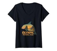 Womens Olympic National Park Orca Silhouette: Ruby Beach Coastline V-Neck T-Shirt