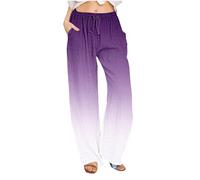 Womens Ombre Gradient Cotton Linen Wide Leg Palazzo Trousers UK Elastic Drawstring High Waist Chic Flowy Pants Ladies Summer Lightweight Breathable Trousers with Pockets Casual Baggy Lounge Pants